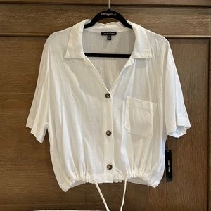 White button down drawstring cropped blouse shirt